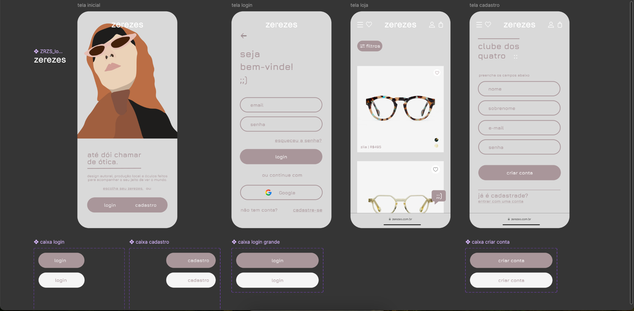 Visão geral das telas e dos componentes do conceito mobile da Zerezes no Figma